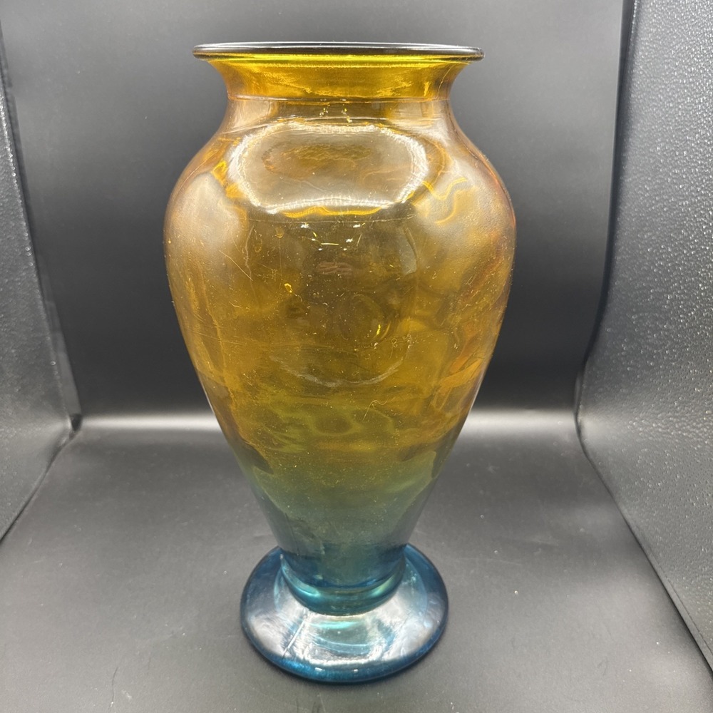 Vintage Hand Blown Amber Blue Art Glass Flower Vase 16" X Large Y2K - Picture 1 of 8